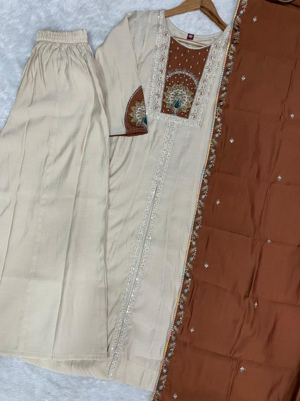 Cream Roman Silk Kurta Set with Multi Embroidery and Hand Work