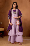 Lavender Roman Silk kurta and palazzo set featuring intricate multi-thread embroidery and matching dupatta