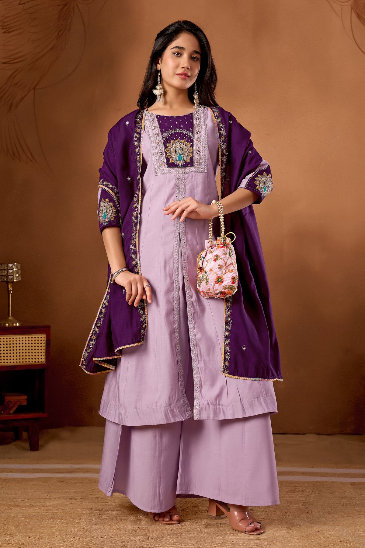 Lavender Roman Silk kurta and palazzo set featuring intricate multi-thread embroidery and matching dupatta