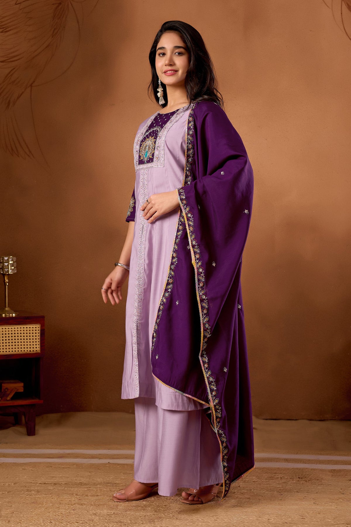 Lavender Roman Silk Kurta Set with Multi Embroidery and Palazzo
