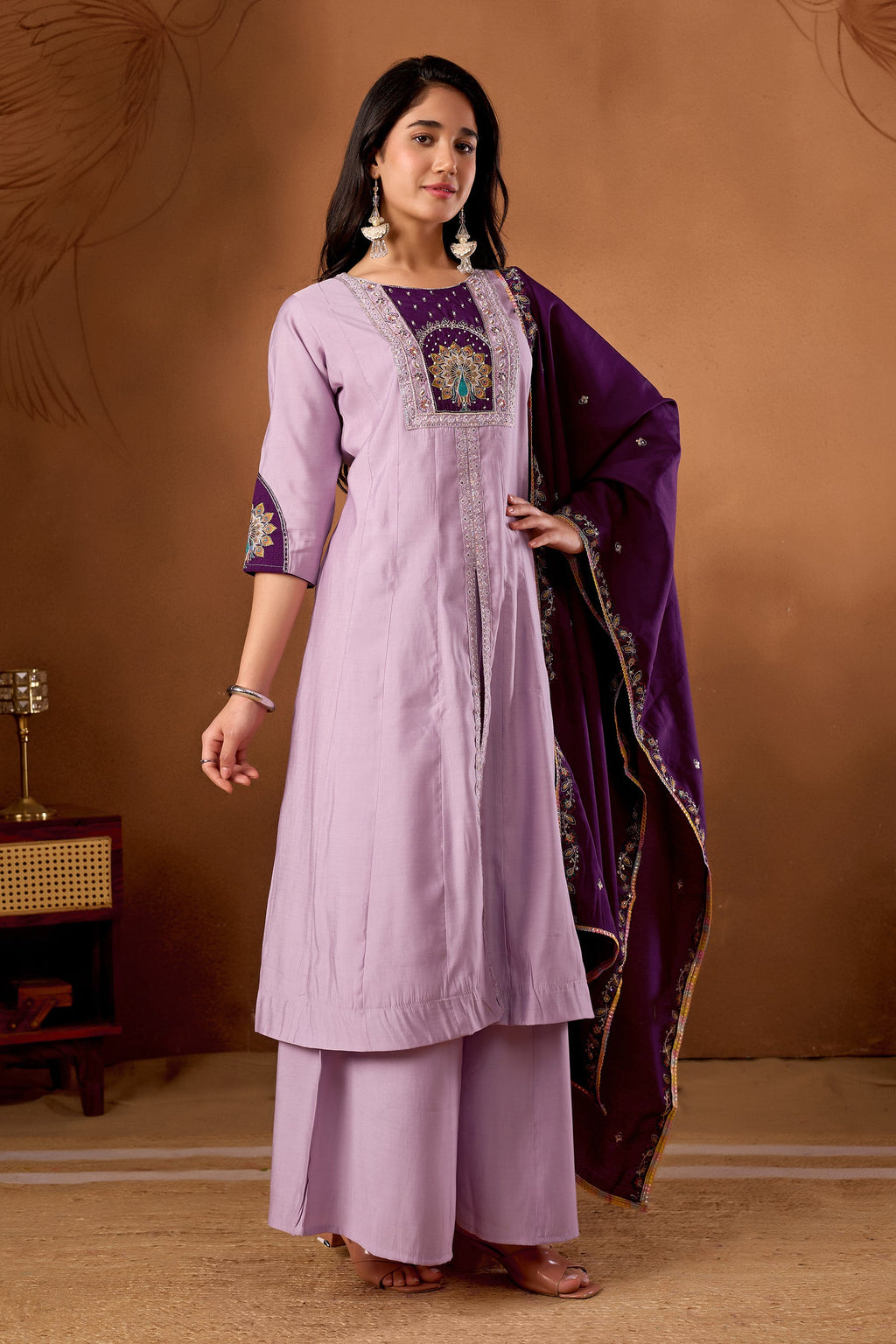 Lavender Roman Silk Kurta Set with Multi Embroidery and Palazzo