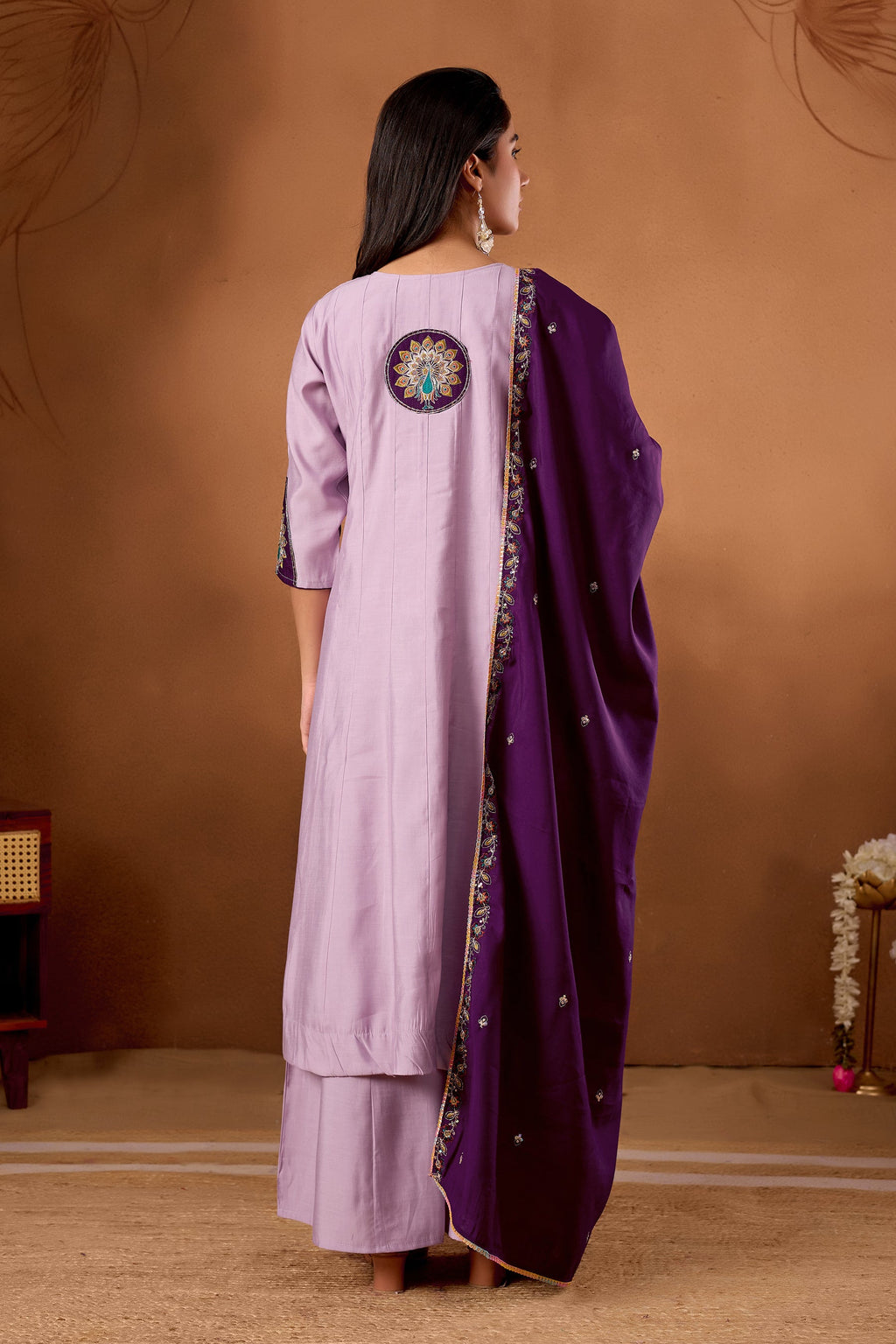 Lavender Roman Silk Kurta Set with Multi Embroidery and Palazzo