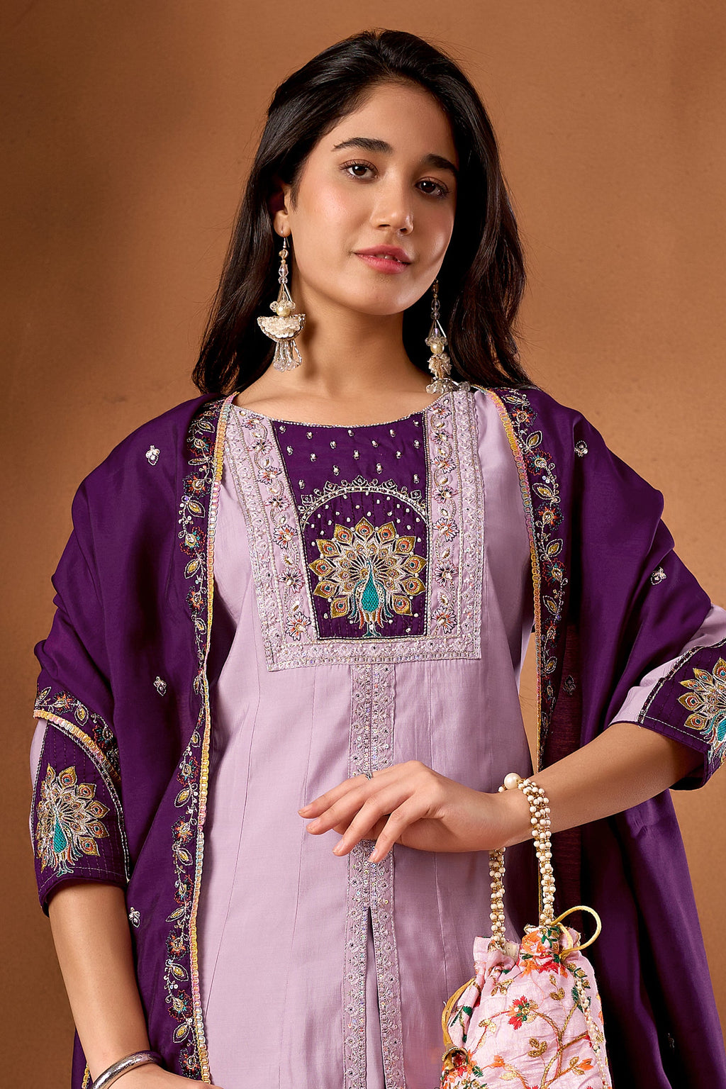 Lavender Roman Silk Kurta Set with Multi Embroidery and Palazzo