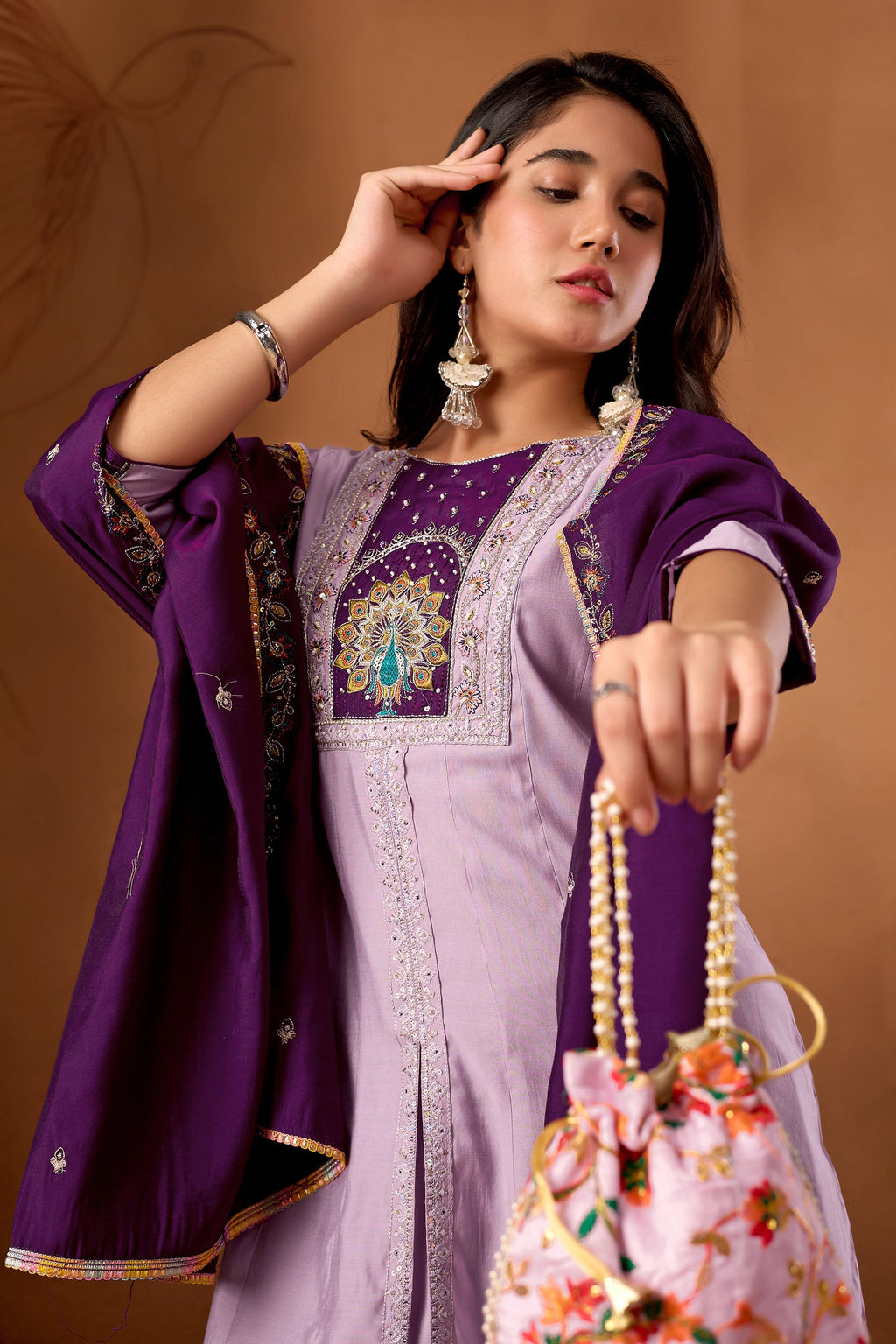Lavender Roman Silk Kurta Set with Multi Embroidery and Palazzo