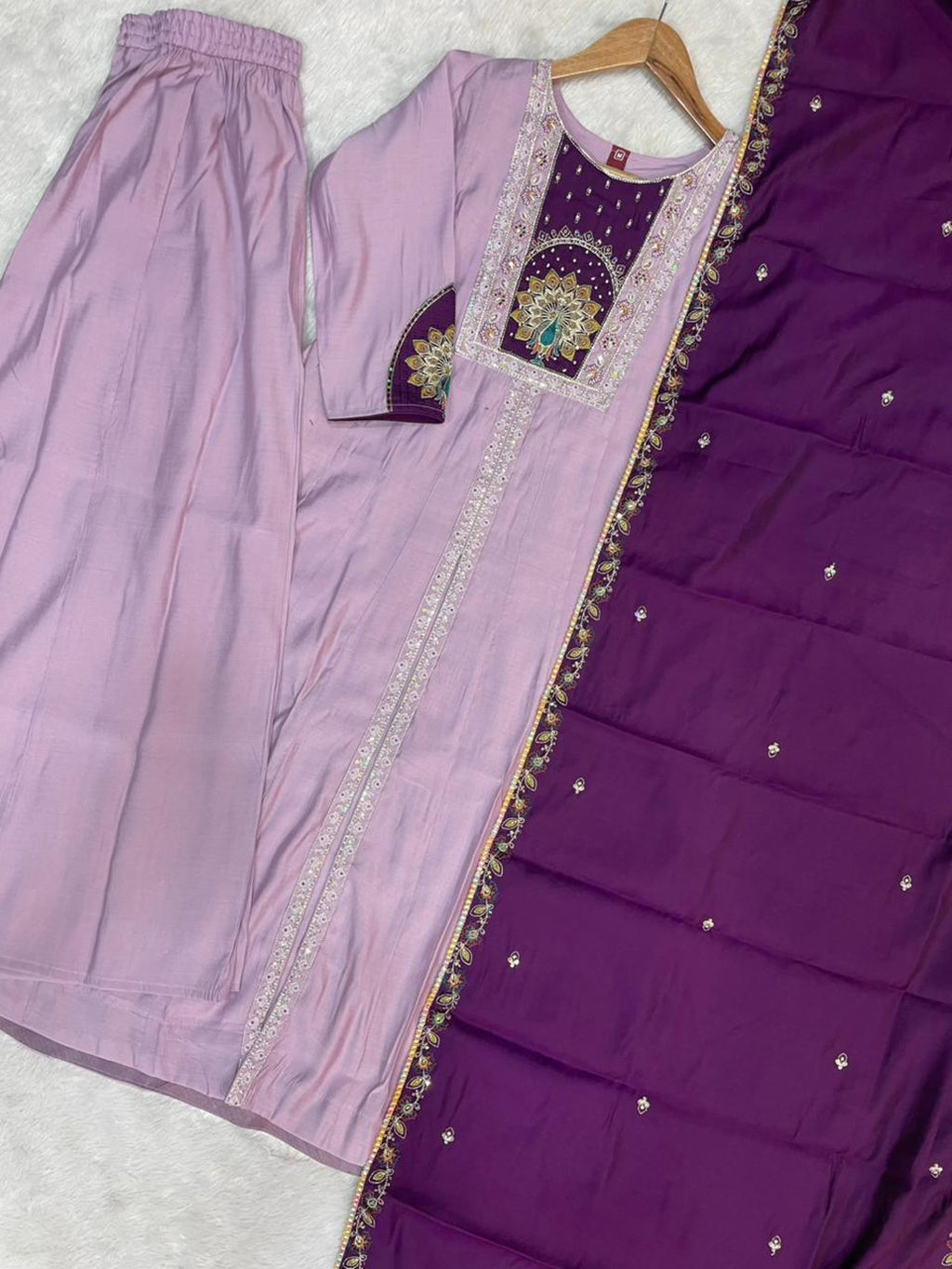 Lavender Roman Silk Kurta Set with Multi Embroidery and Palazzo