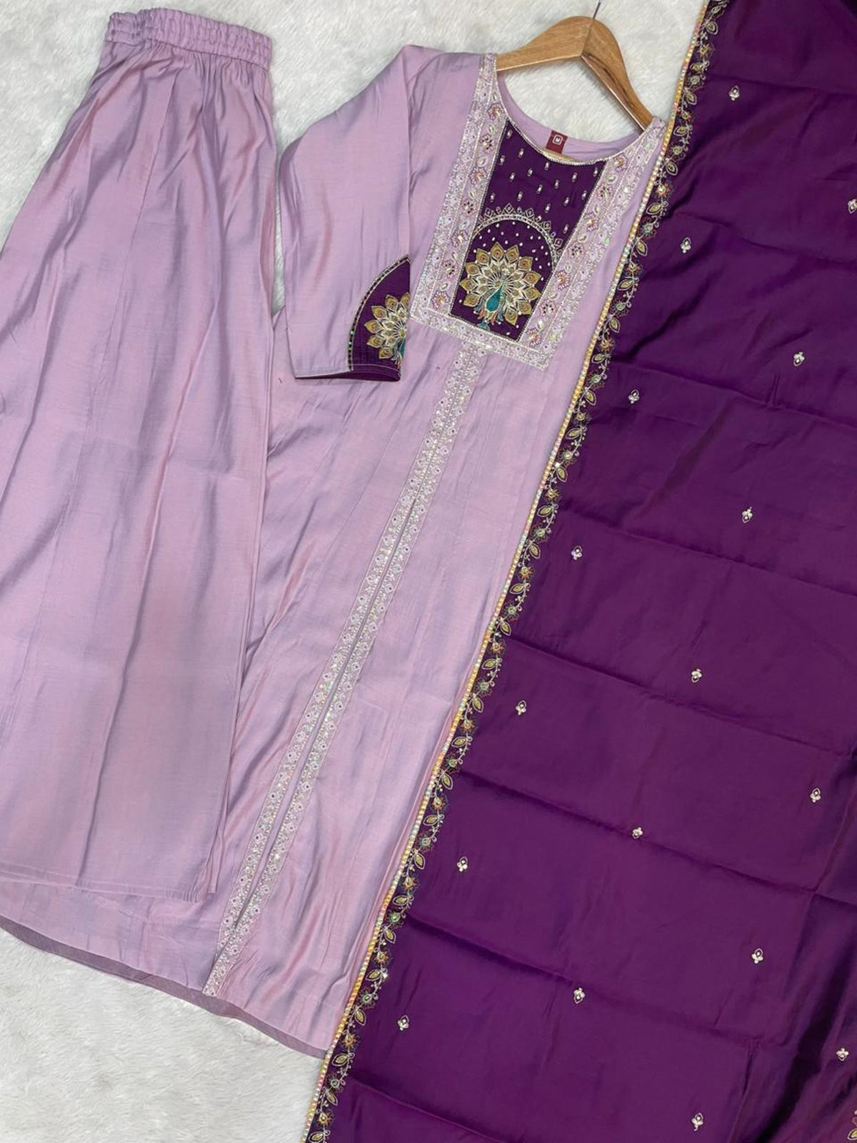 Lavender Roman Silk Kurta Set with Multi Embroidery and Palazzo