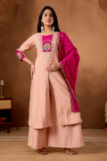 Peach Roman Silk kurta and palazzo set with multi-thread hand embroidery and matching dupatta