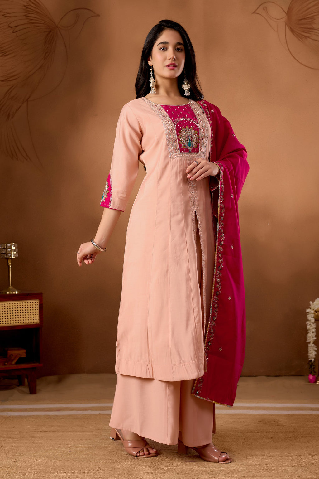 Peach Roman Silk Kurta Set with Multi Embroidery and Palazzo