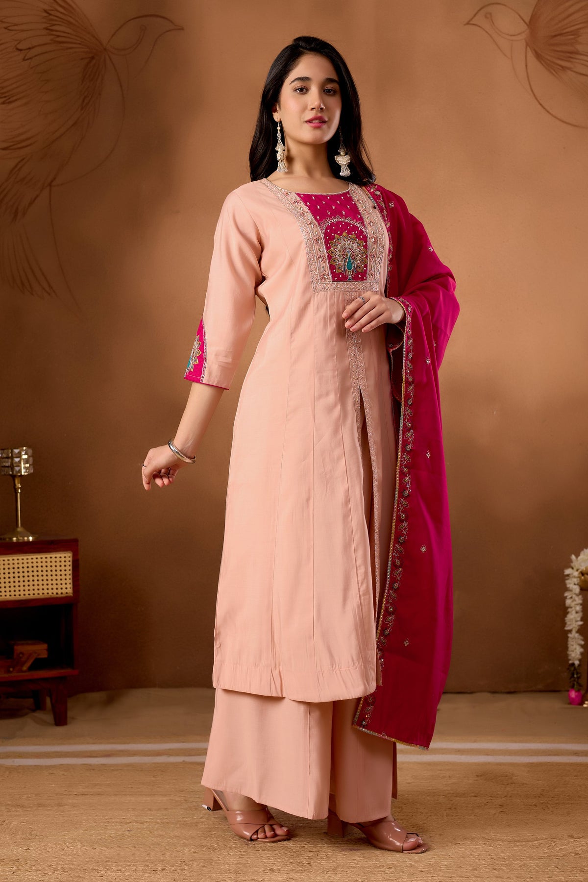 Peach Roman Silk Kurta Set with Multi Embroidery and Palazzo