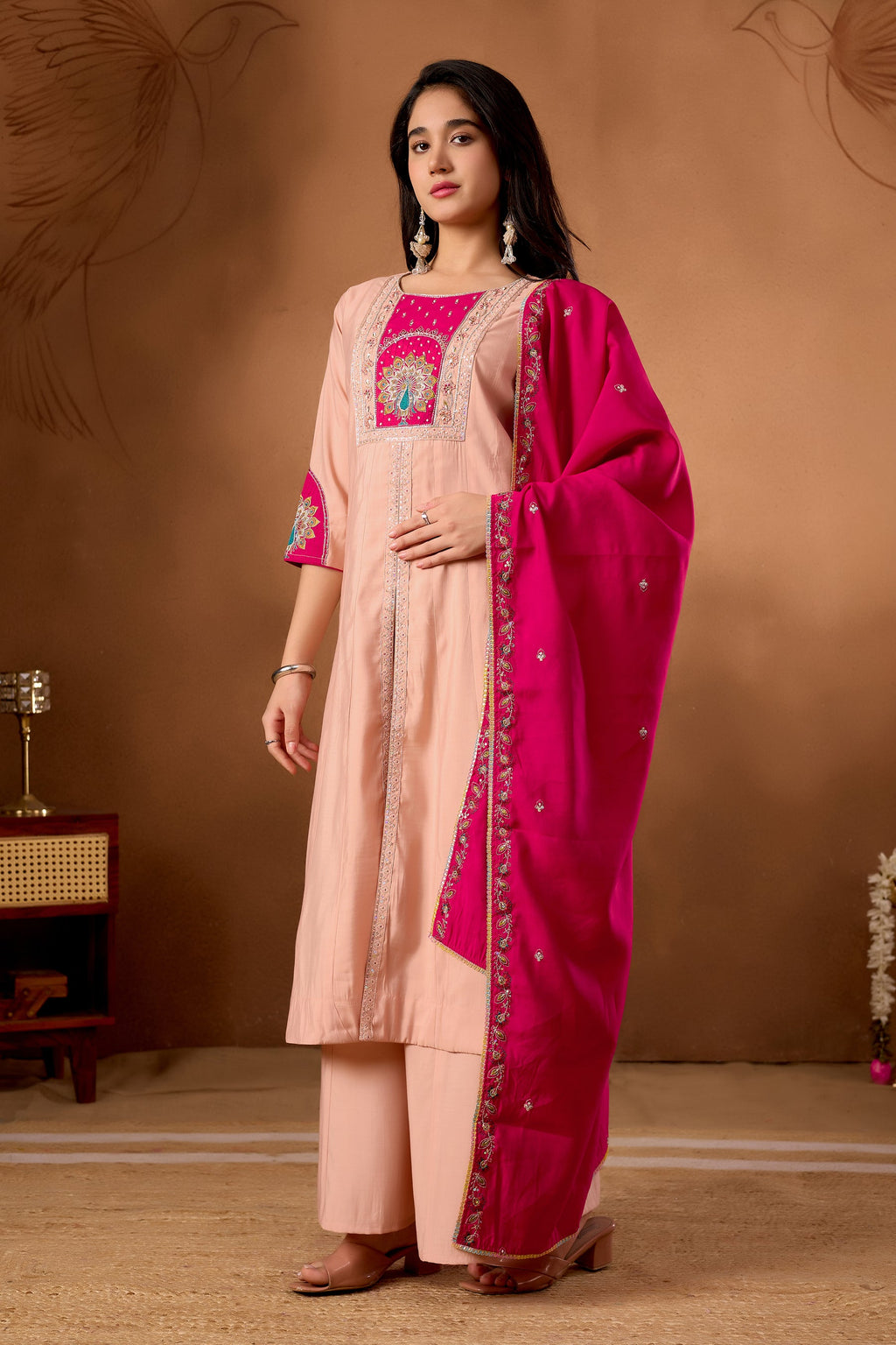 Peach Roman Silk Kurta Set with Multi Embroidery and Palazzo