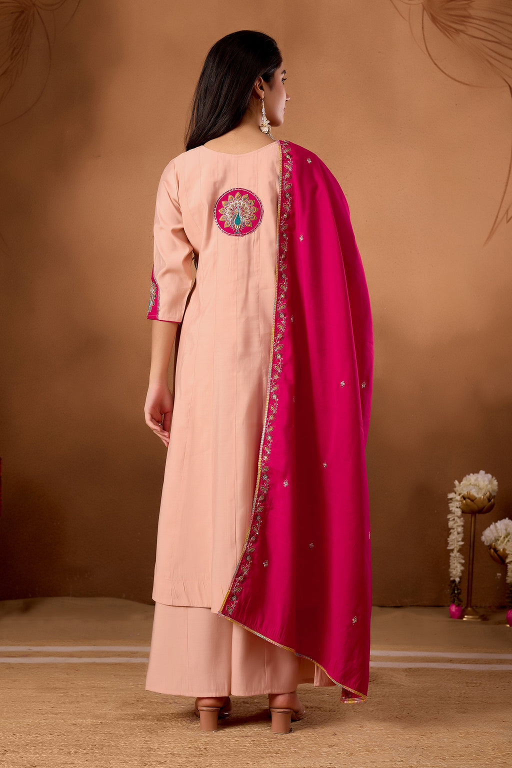 Peach Roman Silk Kurta Set with Multi Embroidery and Palazzo