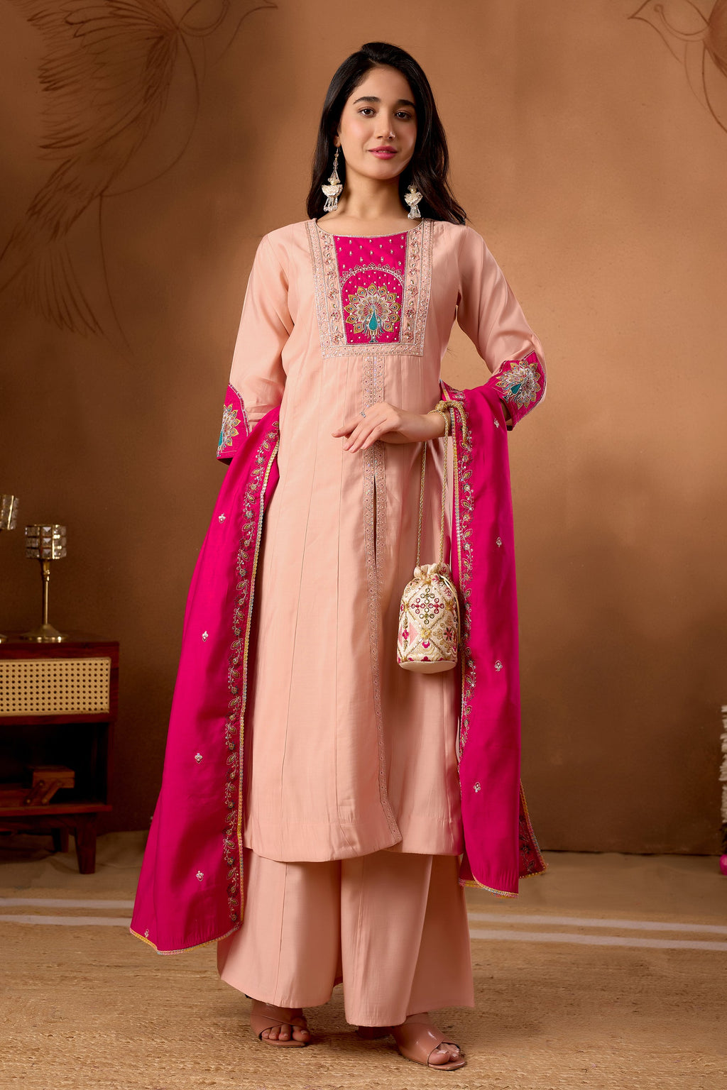 Peach Roman Silk Kurta Set with Multi Embroidery and Palazzo