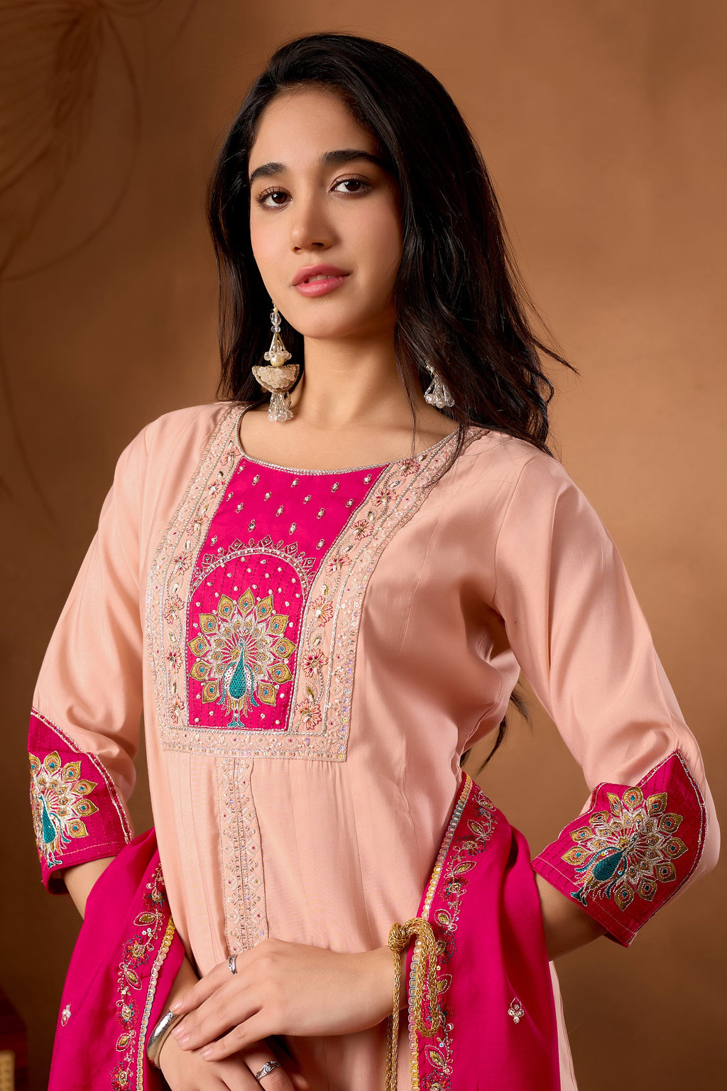 Peach Roman Silk Kurta Set with Multi Embroidery and Palazzo