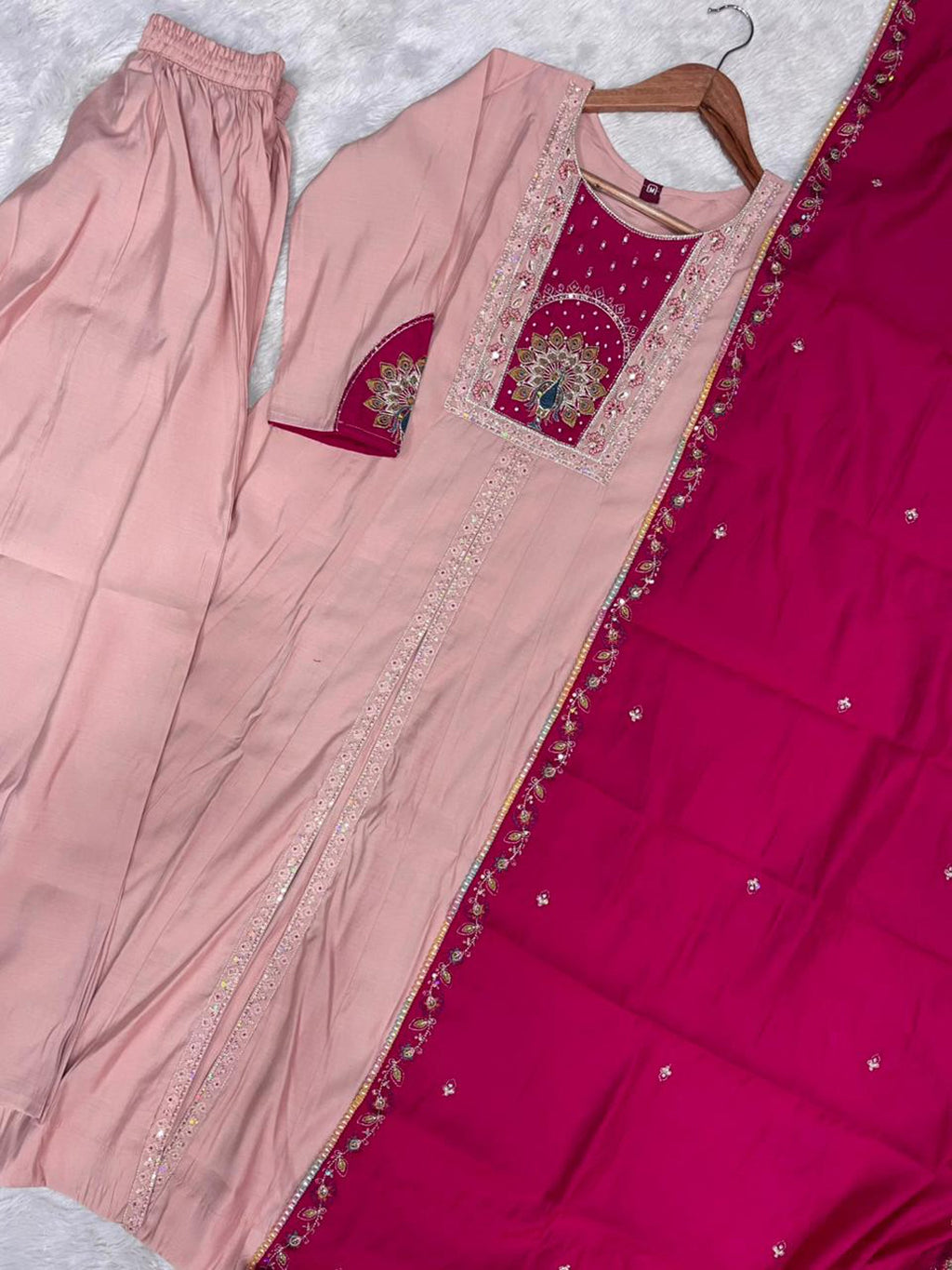 Peach Roman Silk Kurta Set with Multi Embroidery and Palazzo