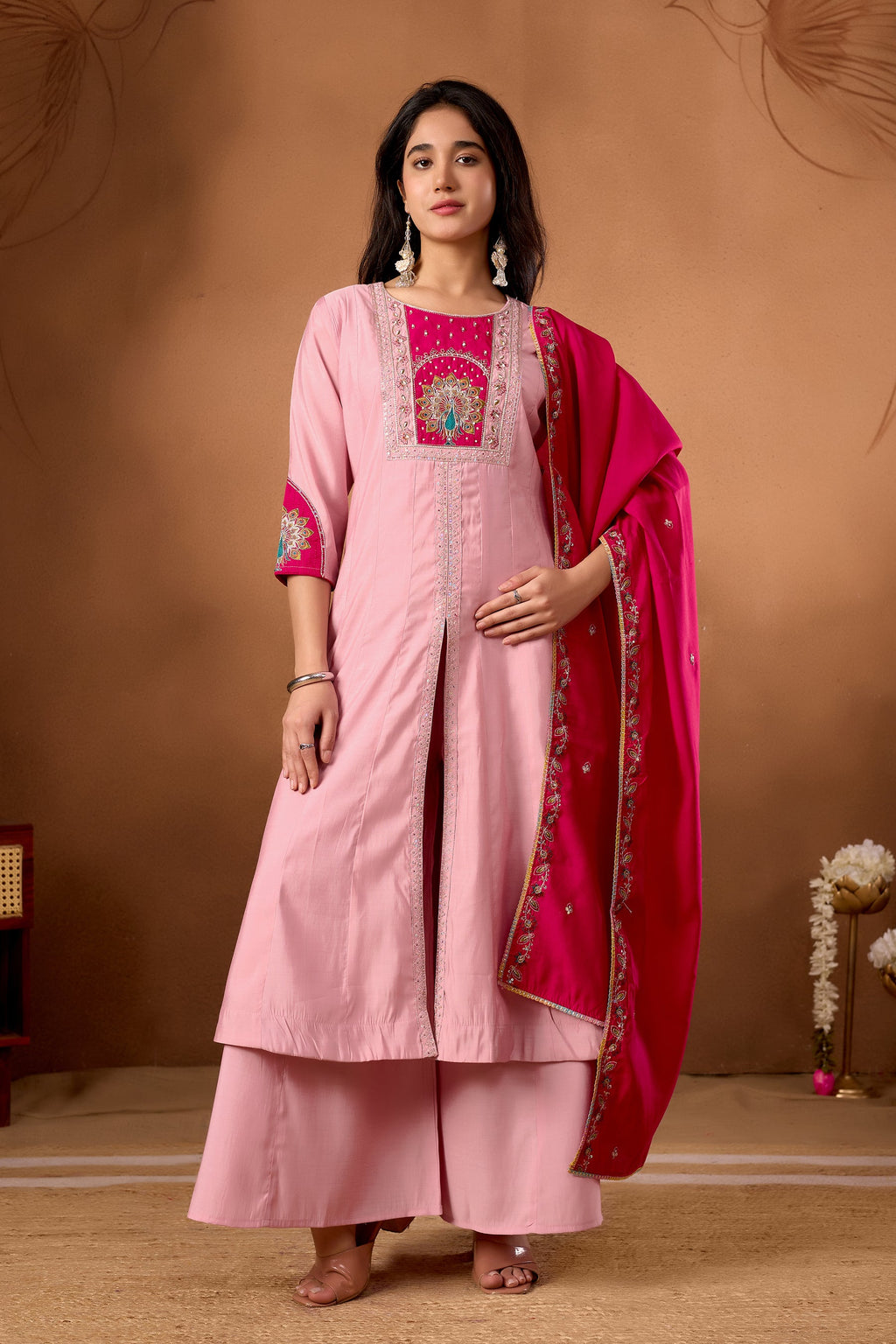 Pink Roman Silk kurta and palazzo set with multi-thread embroidery and intricate hand work detailing