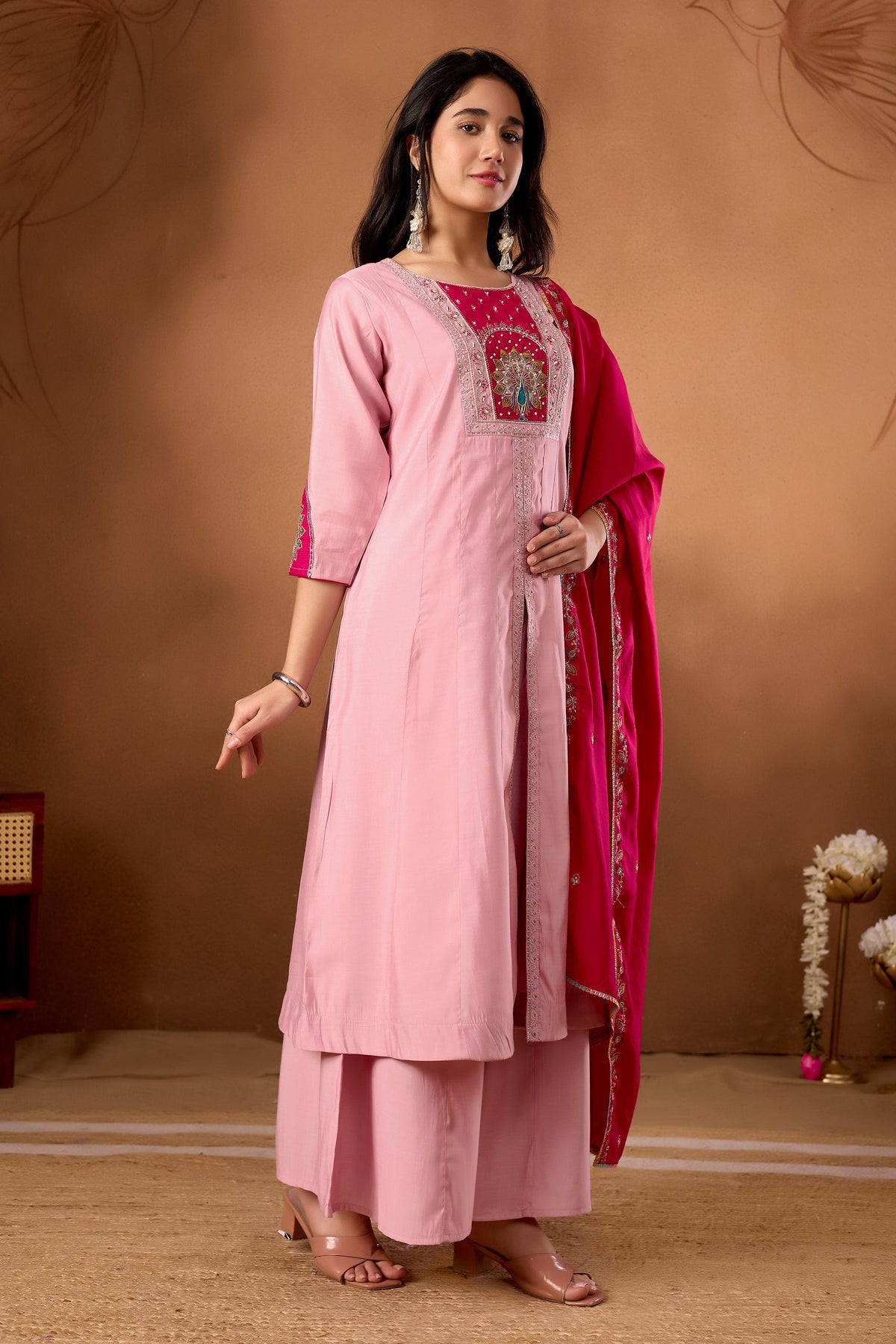 Pink Roman Silk Kurta Palazzo Set with Multi-Thread Hand Embroidery