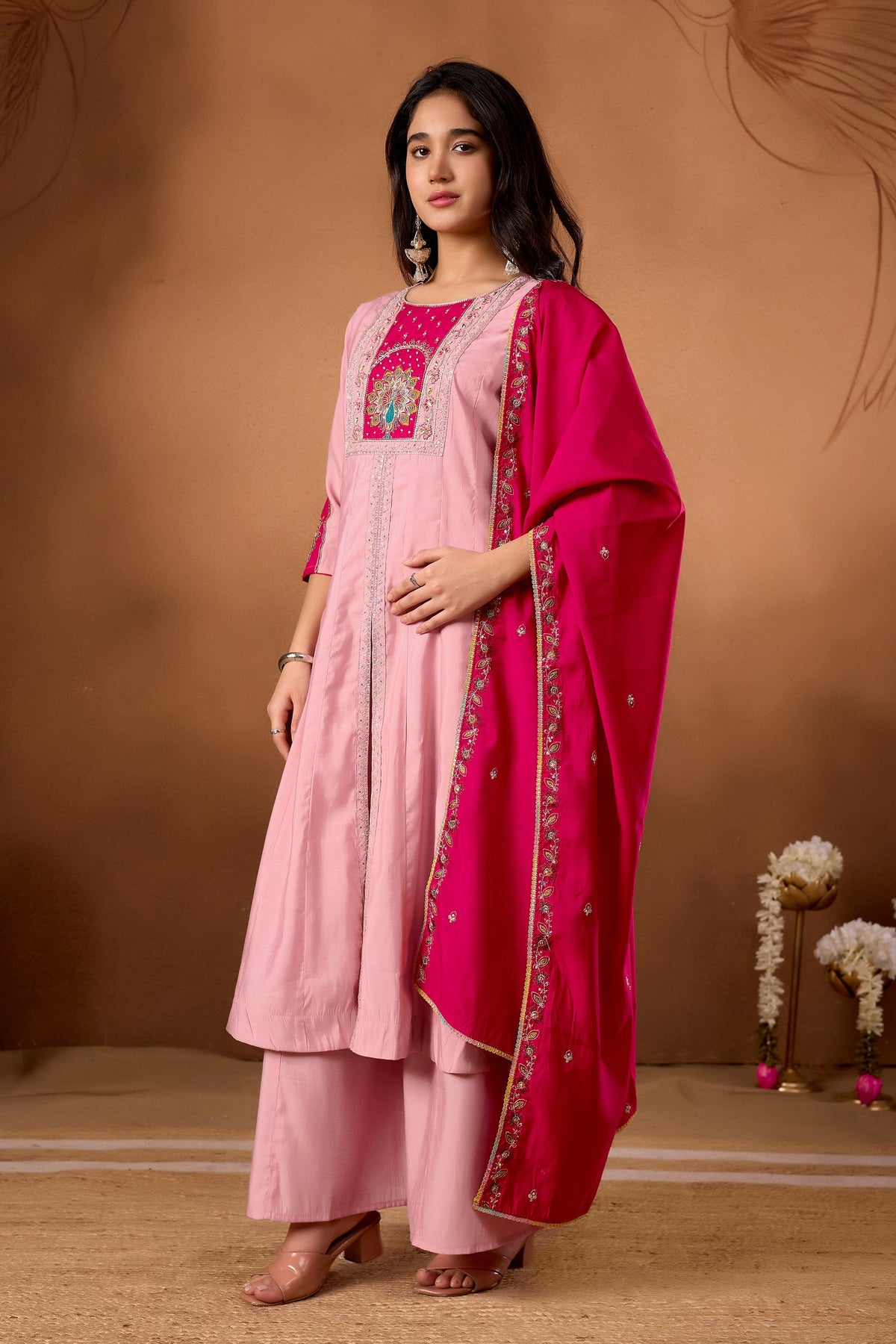 Pink Roman Silk Kurta Palazzo Set with Multi-Thread Hand Embroidery