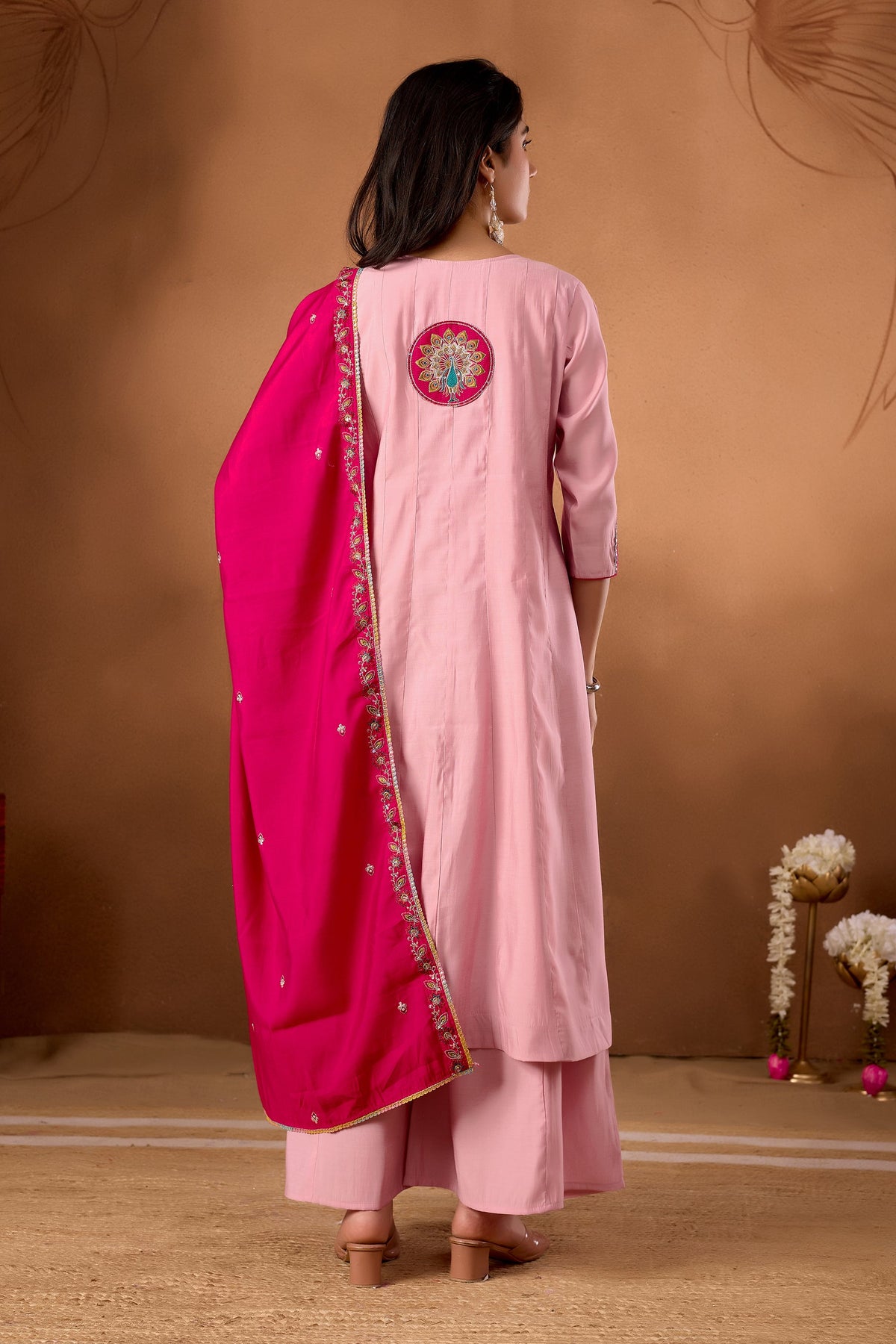 Pink Roman Silk Kurta Palazzo Set with Multi-Thread Hand Embroidery