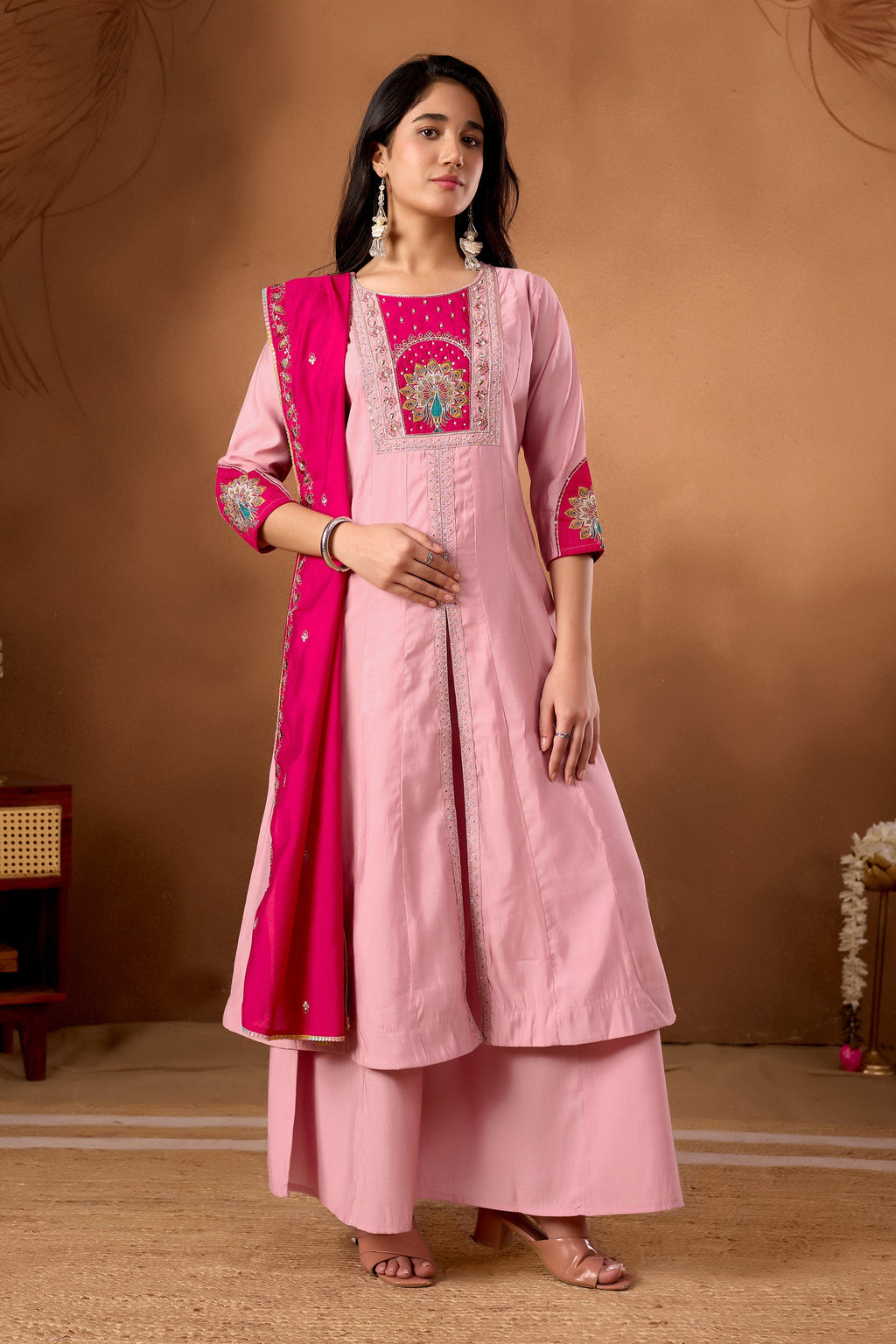 Pink Roman Silk Kurta Palazzo Set with Multi-Thread Hand Embroidery