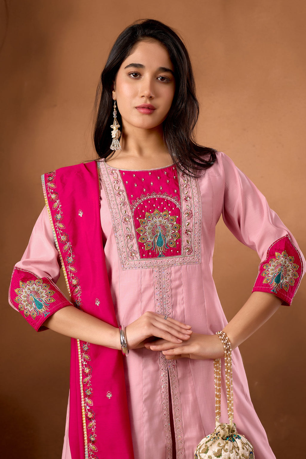 Pink Roman Silk Kurta Palazzo Set with Multi-Thread Hand Embroidery