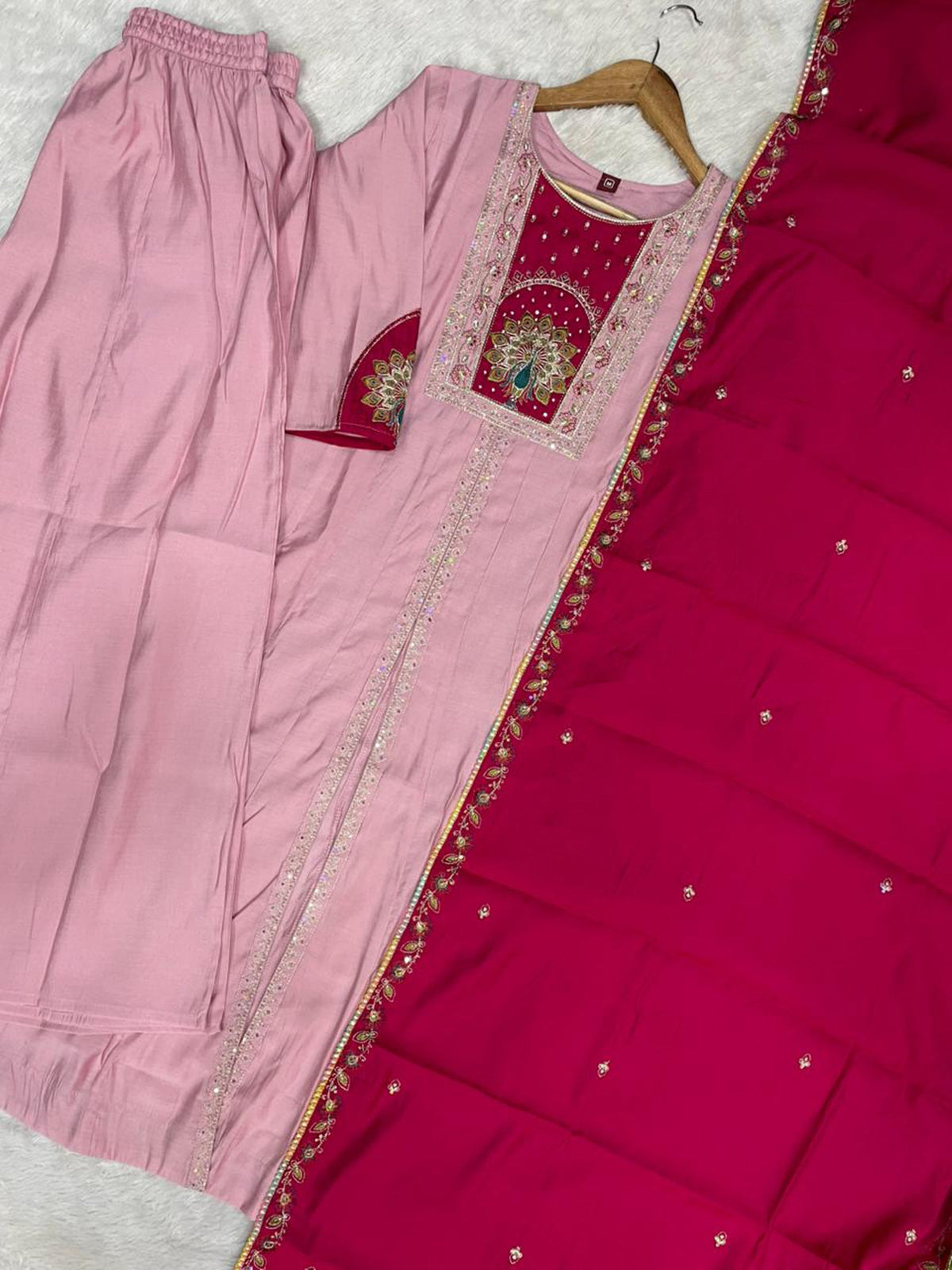 Pink Roman Silk Kurta Palazzo Set with Multi-Thread Hand Embroidery