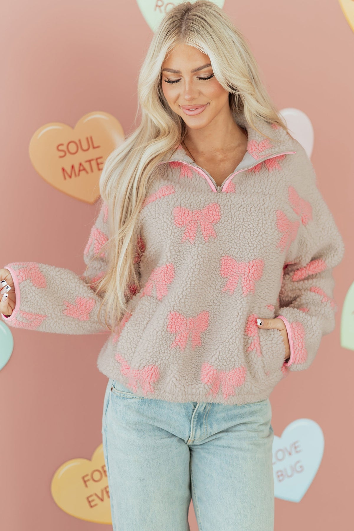Bow Tie Sherpa Quarter Zip Sweatshirt