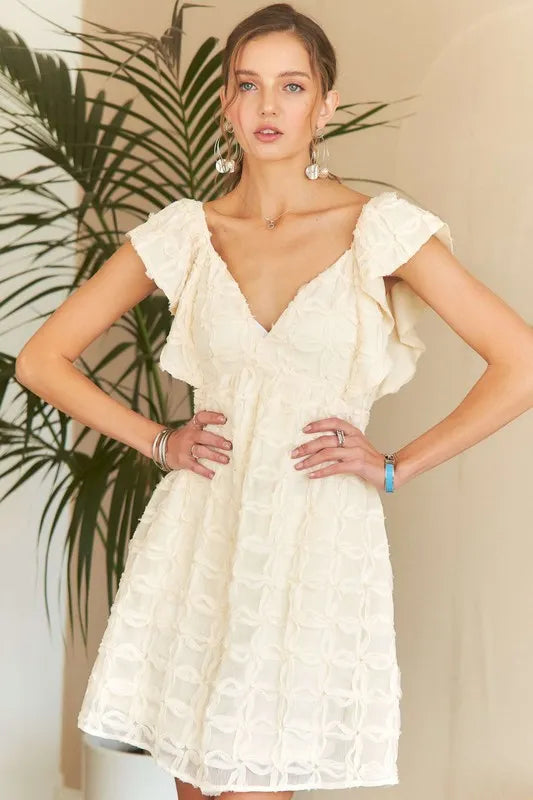 Cream Tie Back V-Neck Ruffle Sleeve Summer Dress