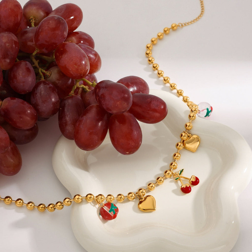 18K gold heart with cherry design exquisite cute necklace