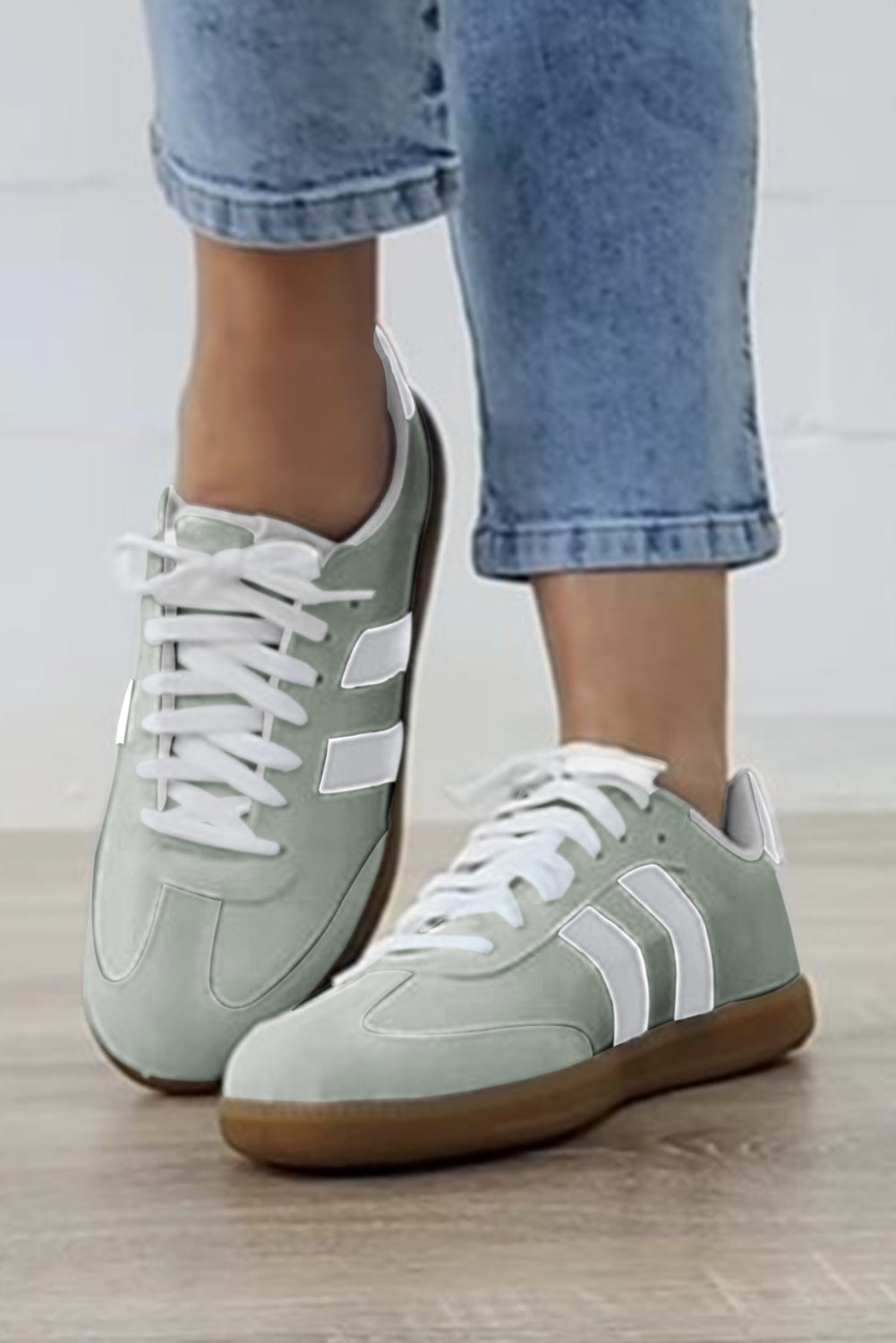 White Striped Lace Up Flat Sneakers Casual Retro Tennis Shoes - Image 17