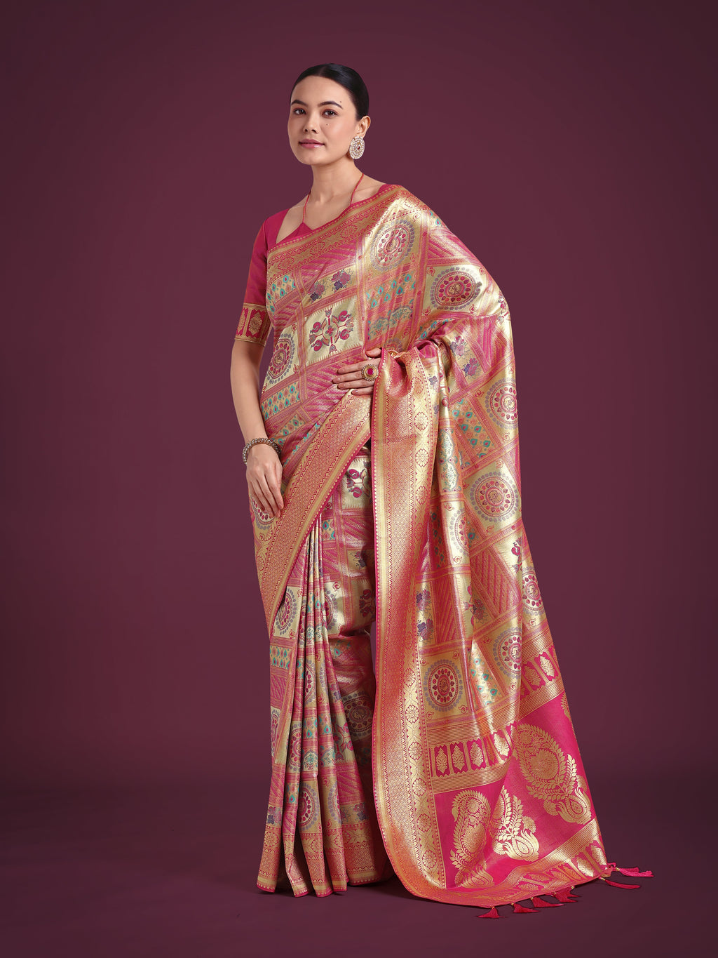 Rani pink and gold Banarasi satin silk saree with zari woven pattern