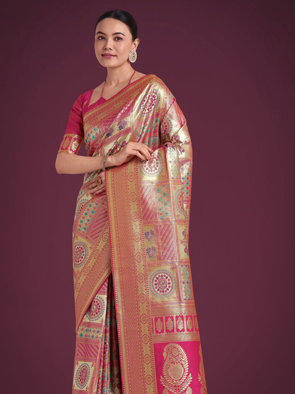Rani Pink and Gold Soft Banarasi Satin Silk Saree with Blouse Piece