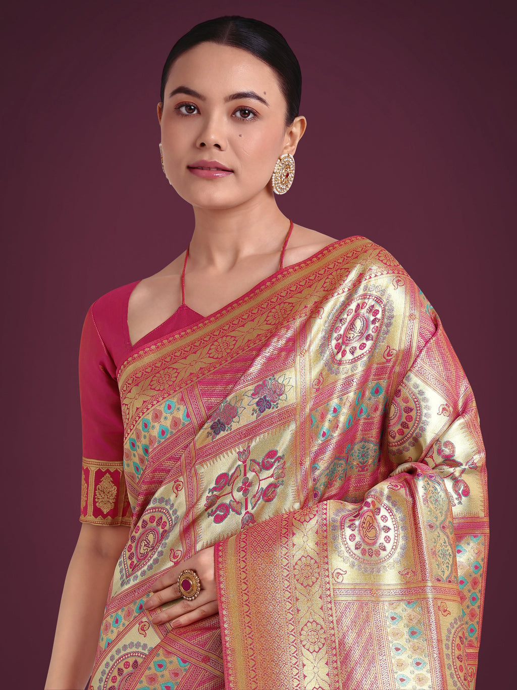 Rani Pink and Gold Soft Banarasi Satin Silk Saree with Blouse Piece
