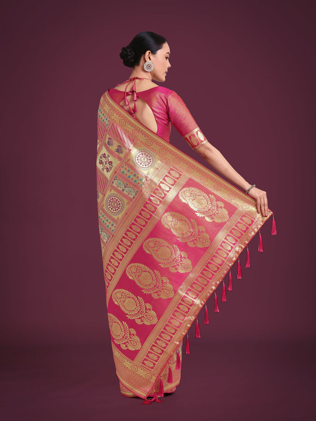 Rani Pink and Gold Soft Banarasi Satin Silk Saree with Blouse Piece