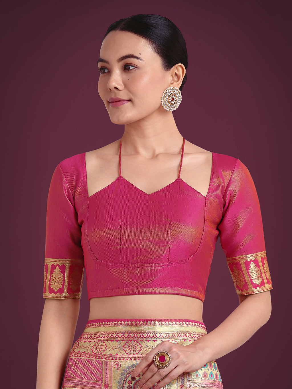 Rani Pink and Gold Soft Banarasi Satin Silk Saree with Blouse Piece