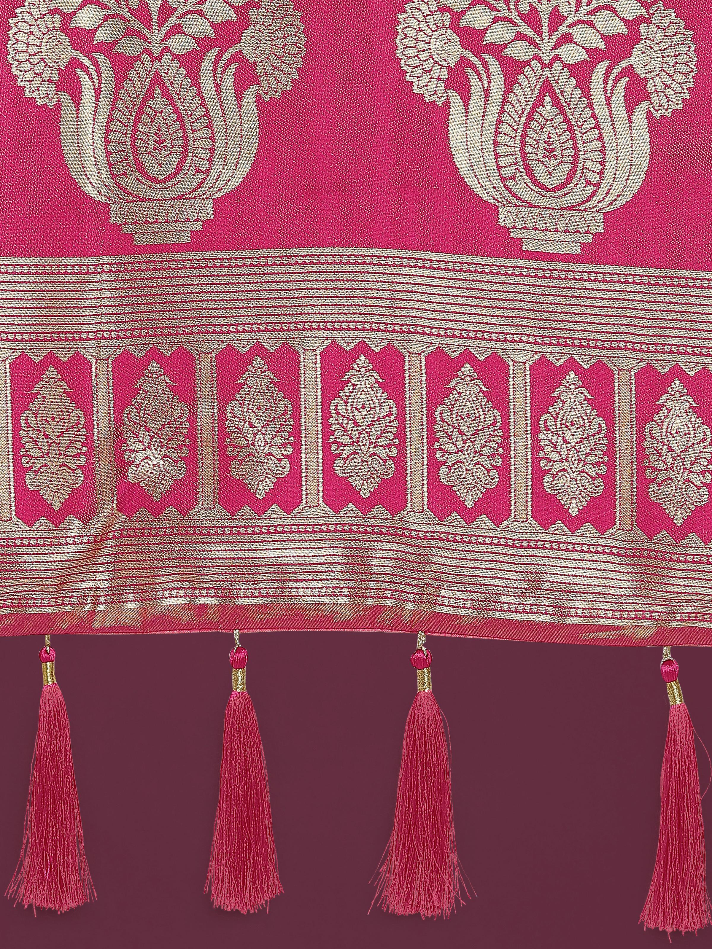Rani Pink and Gold Soft Banarasi Satin Silk Saree with Blouse Piece