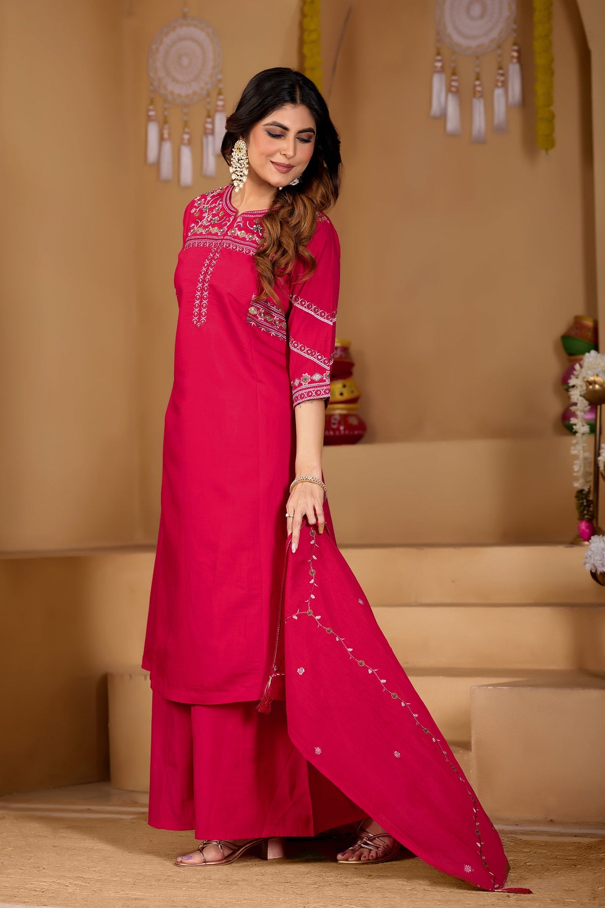 Ranipink Viscose Mango Silk Kurta Palazzo Set with Hand Embroidery