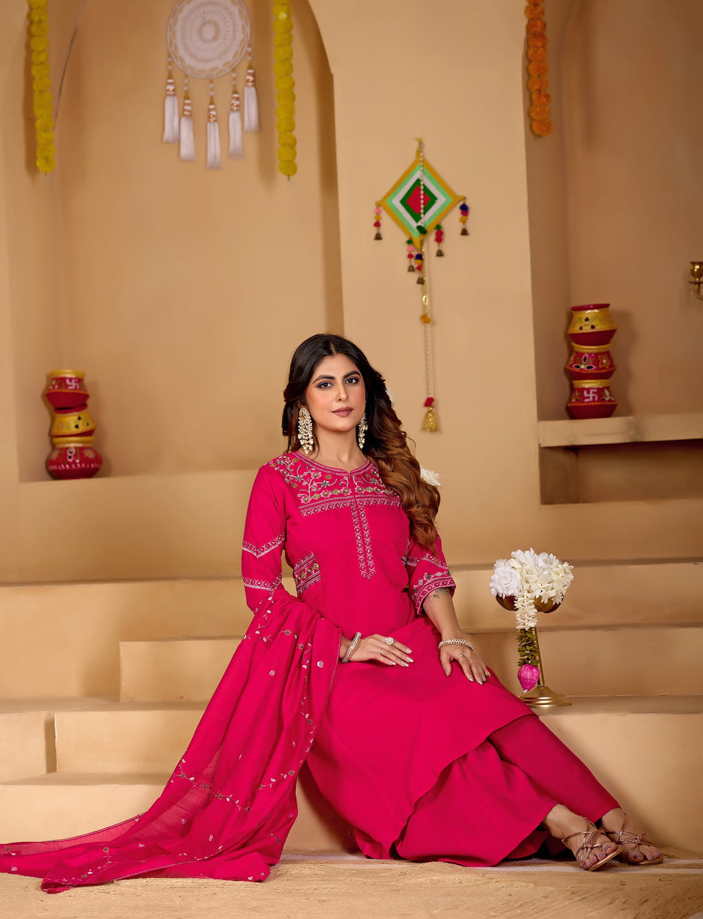 Ranipink Viscose Mango Silk Kurta Palazzo Set with Hand Embroidery