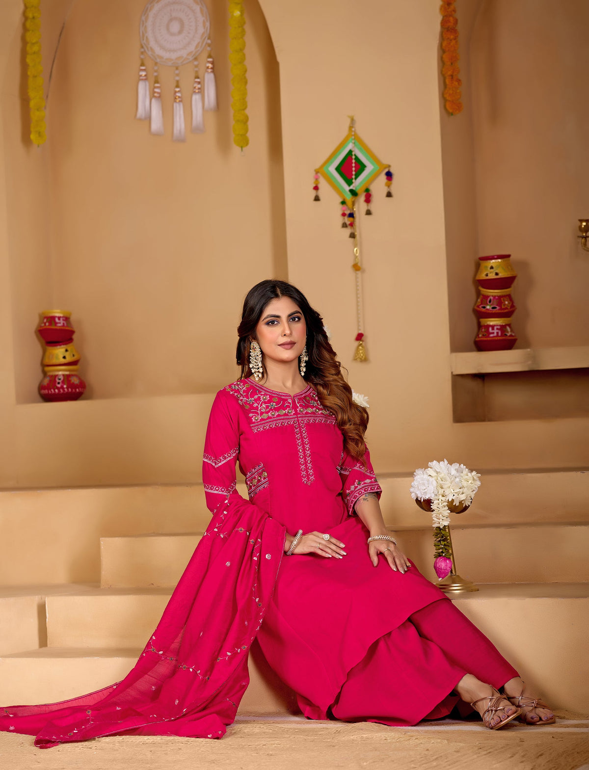 Ranipink Viscose Mango Silk Kurta Palazzo Set with Hand Embroidery