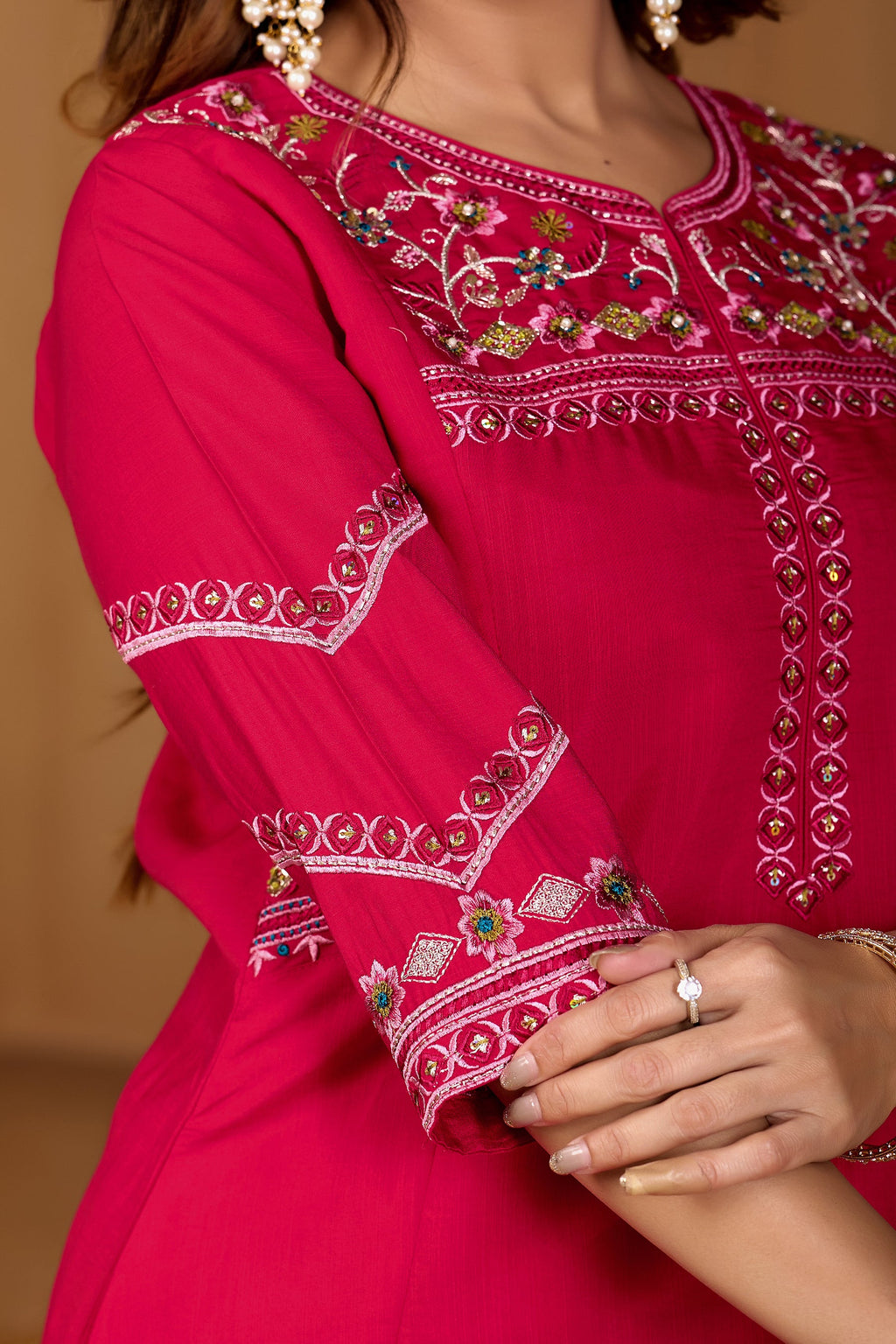 Ranipink Viscose Mango Silk Kurta Palazzo Set with Hand Embroidery