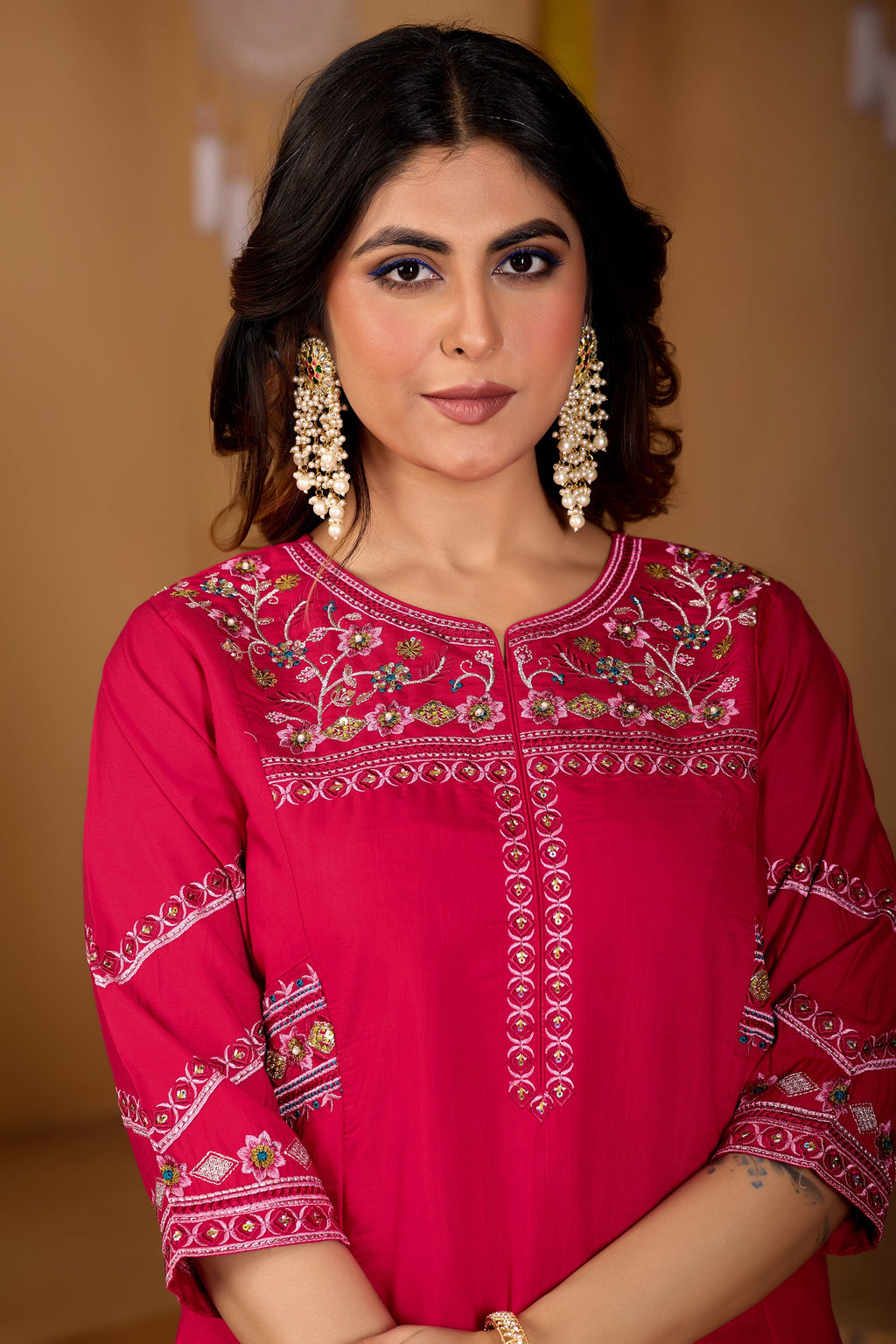 Ranipink Viscose Mango Silk Kurta Palazzo Set with Hand Embroidery