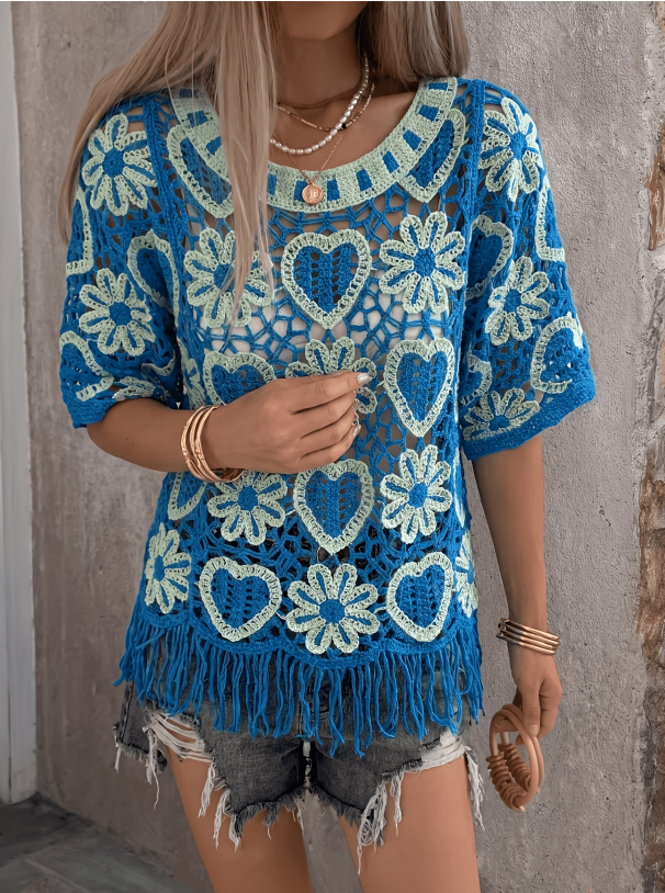 Women's Boho Crochet Open Work Fringed Pullover Summer Sweater