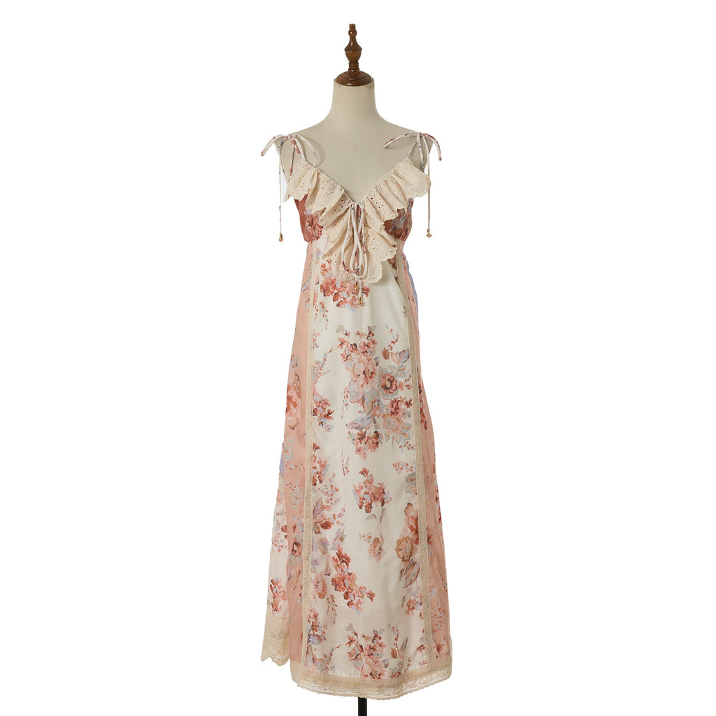 Women Vacation Print Lace Edged Halter Dress