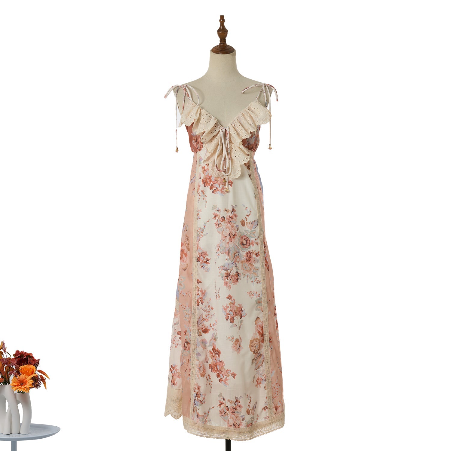 Women Vacation Print Lace Edged Halter Dress