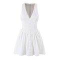 French Fresh Gentle First Love Slim White Dress Gold Lace V neck Patchwork Waist Dress