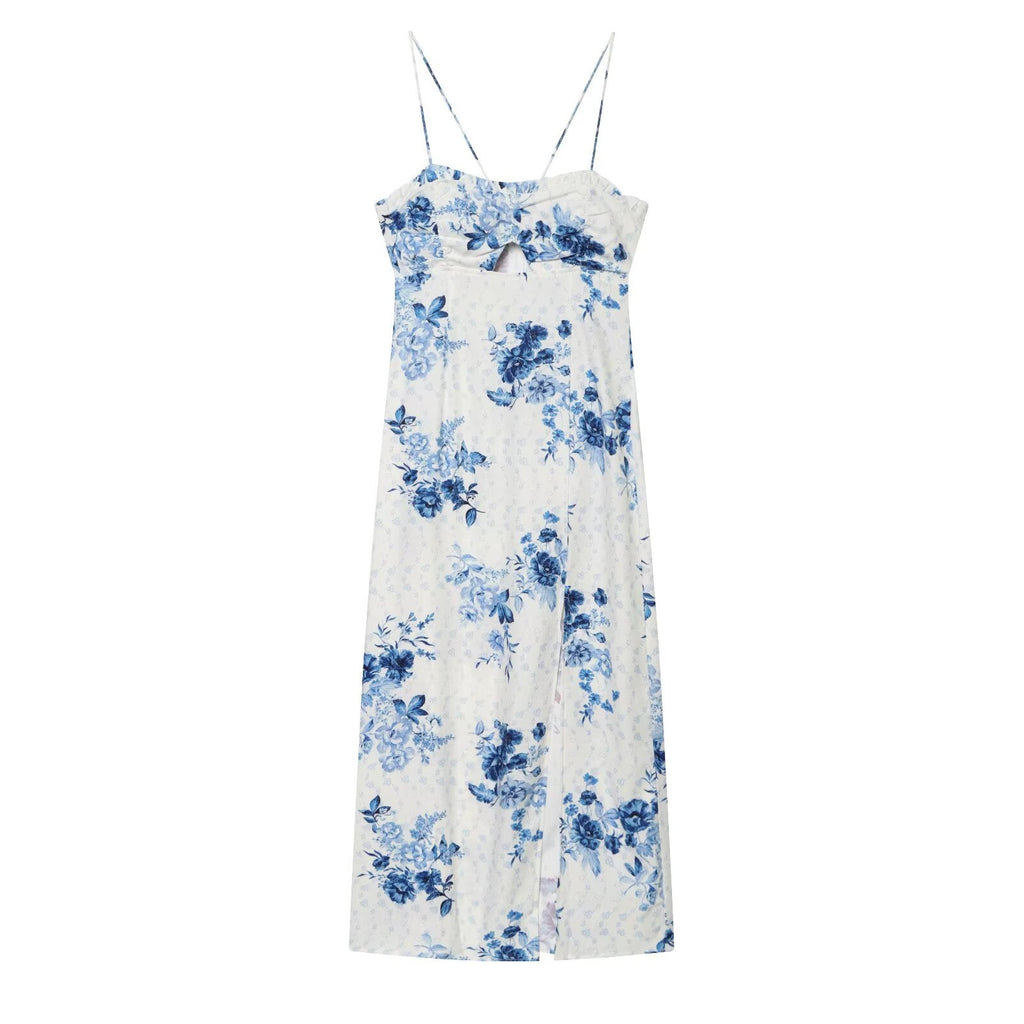Women Clothing Spring Holiday Backless Spaghetti Strap Floral Print Midi Dress