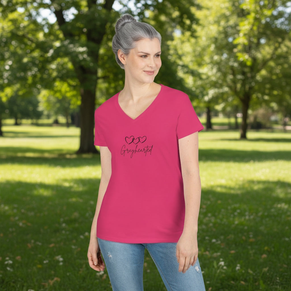 Women's V-Neck Cotton T-Shirt with 3 Hearts Print