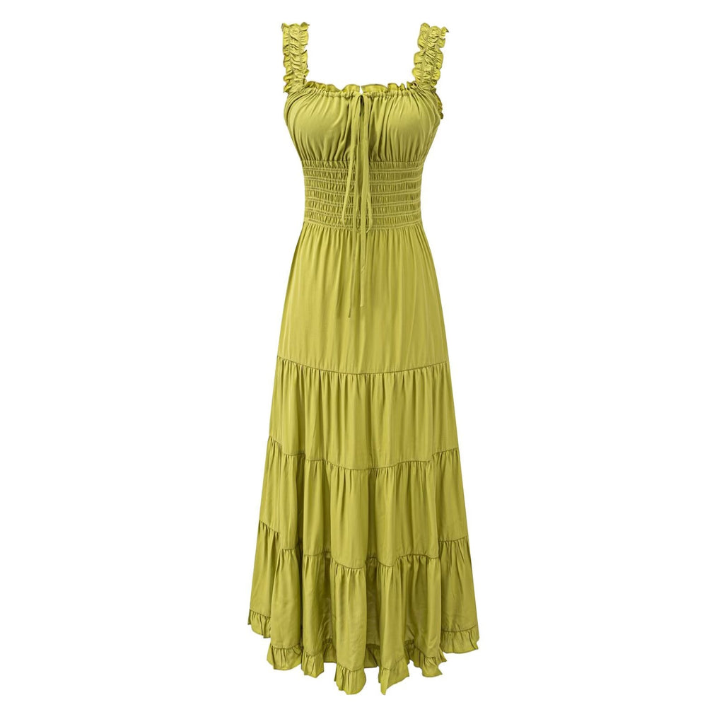 Fairy Dress Seaside Wear Tight Waist Strap Dress Women Summer Beautiful Square Collar Slimming Umbrella Swing Dress