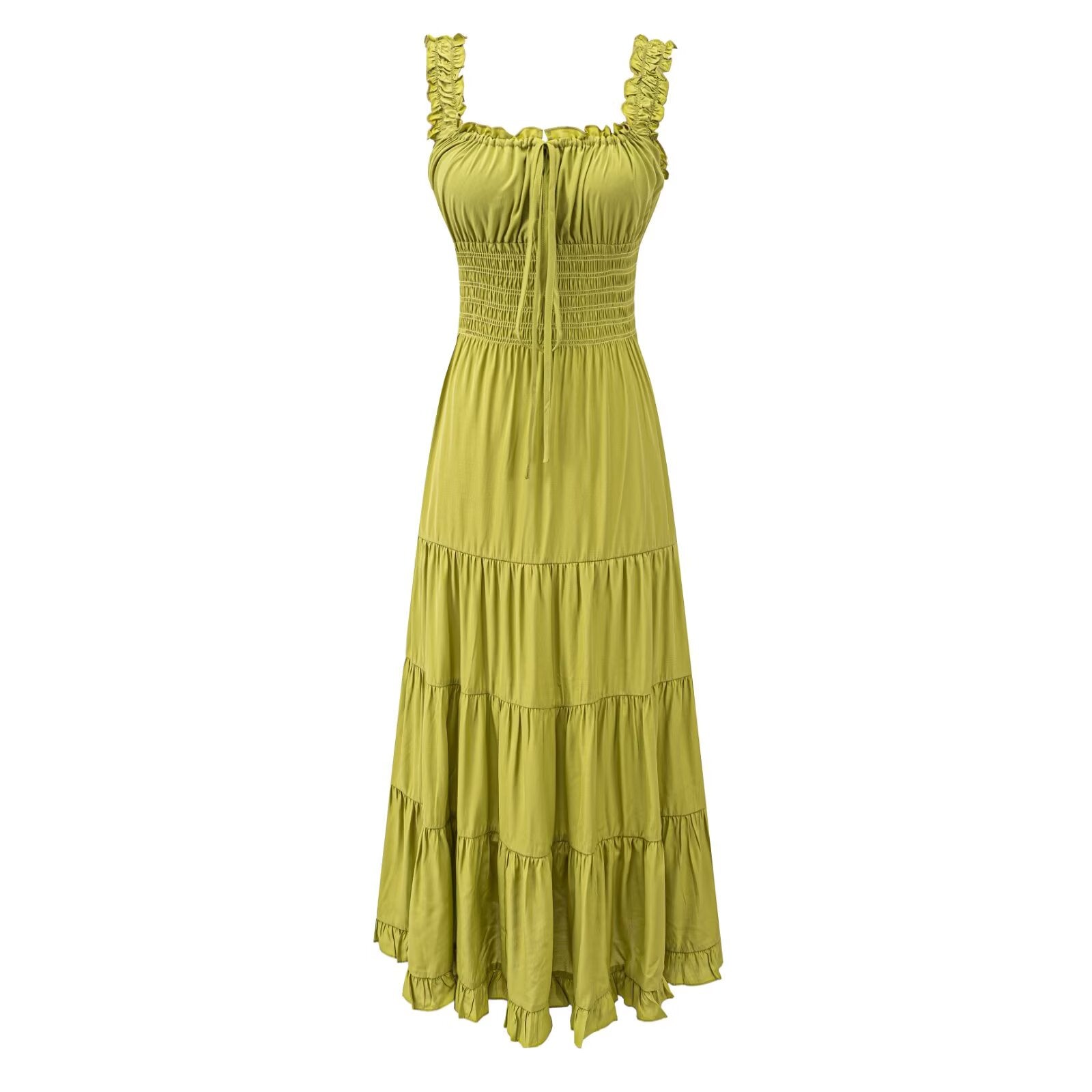 Fairy Dress Seaside Wear Tight Waist Strap Dress Women Summer Beautiful Square Collar Slimming Umbrella Swing Dress