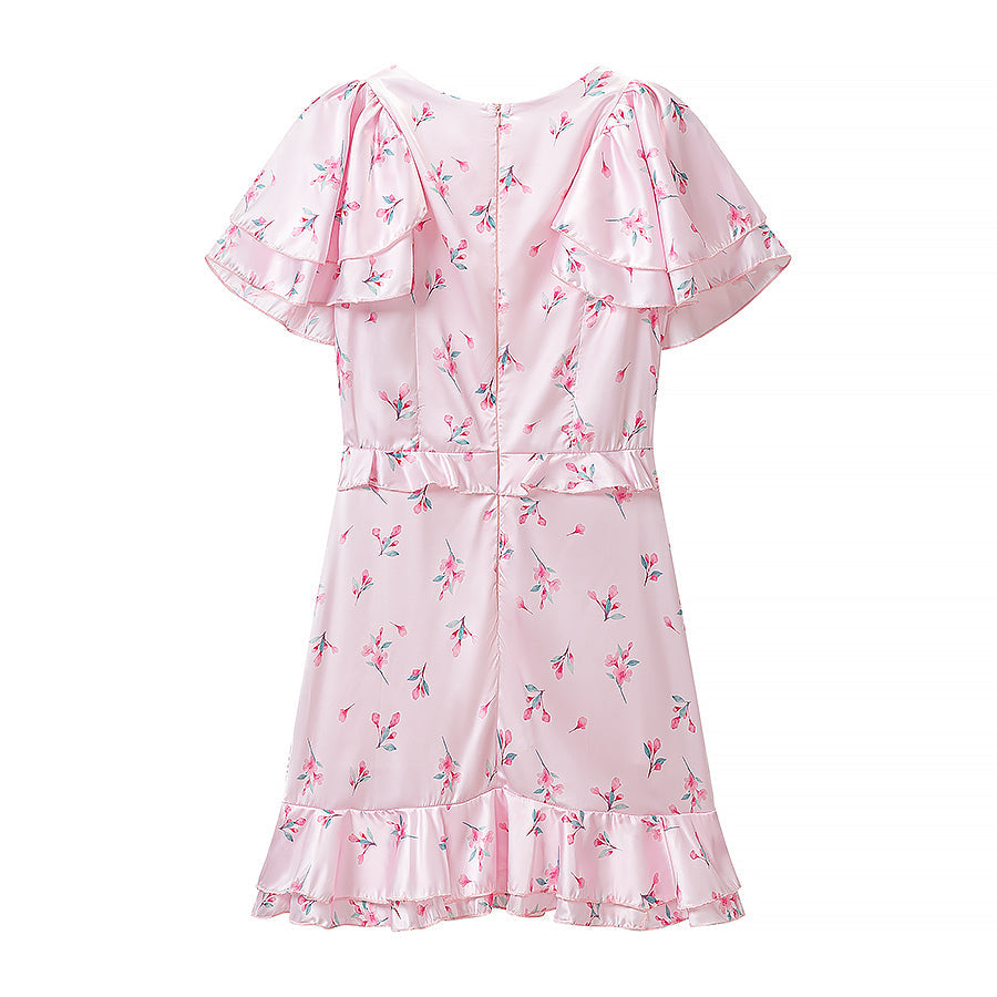 Summer Women Clothing Floral Flounce Socialite V neck Satin Short Sleeve Waist Controlled Dress