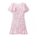 Summer Women Clothing Floral Flounce Socialite V neck Satin Short Sleeve Waist Controlled Dress